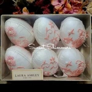 6 Laura Ashley 3" Pink Embroidered Easter Egg Basket Vase filler Home Decor Set